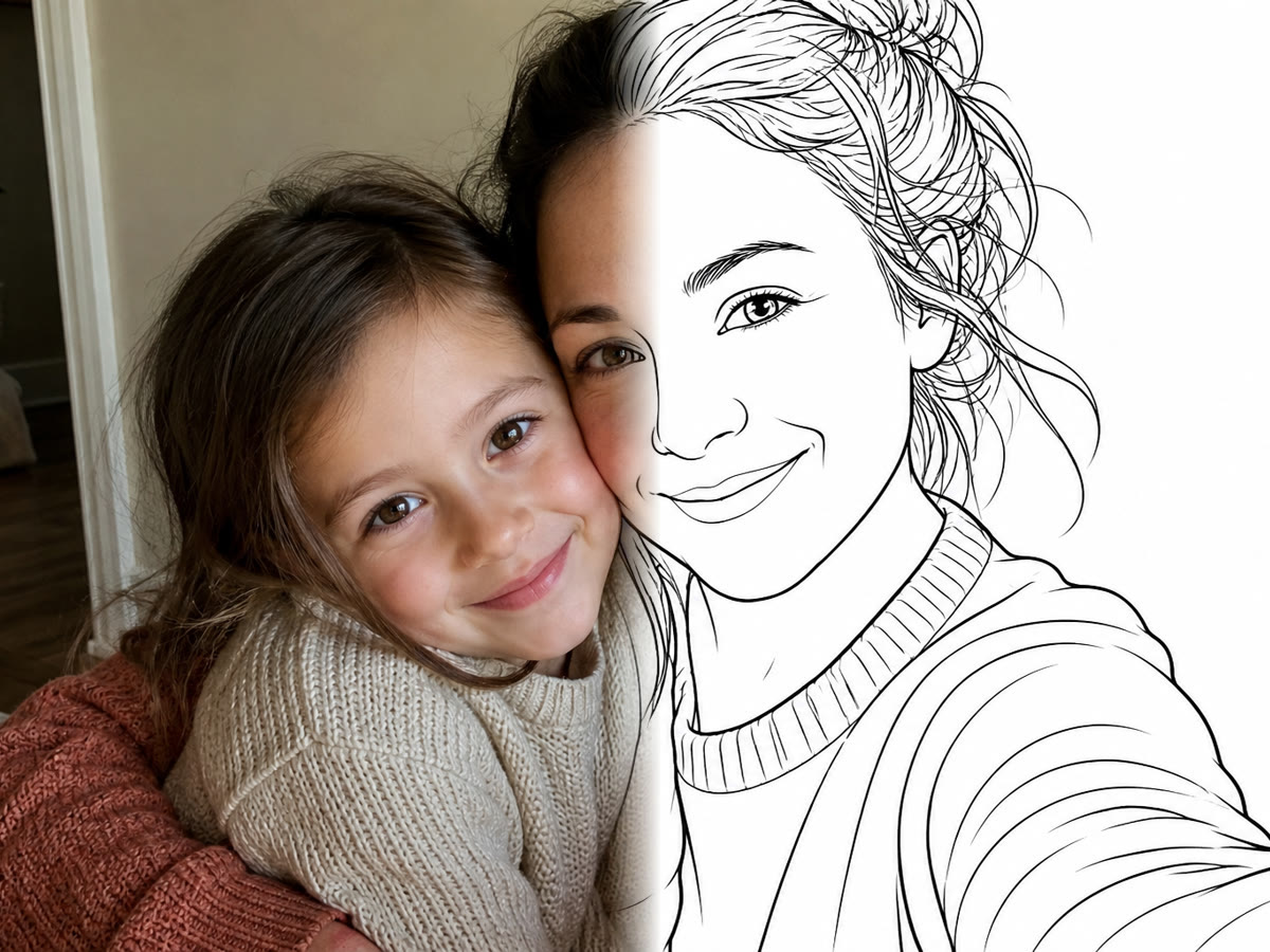 Pintej turning a family photo into a black-and-white coloring page